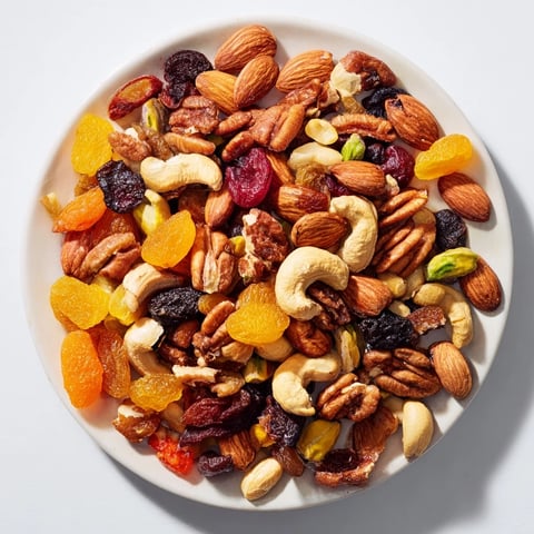Colorful medley of assorted nuts and dried fruits, a simple, delicious easy party snack.