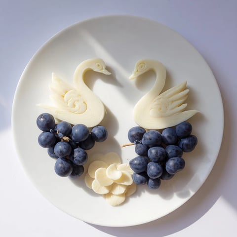 Elegant Swan Lake Board with swan cheese and grapes creates a lovely appetizer.