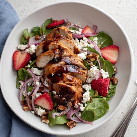 Sliced grilled chicken, fresh strawberries, creamy goat cheese, and honey balsamic glaze over mixed greens on a rustic platter.