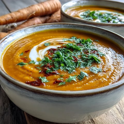 A bowl of creamy Carrot, Celeriac and Chilli Soup topped with fresh cilantro and a coconut yogurt swirl.