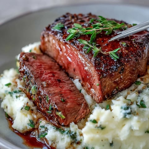 Pan-seared venison steaks resting on creamy caraway crushed swede, with a rich red wine drizzle, served warm for a hearty autumn dinner.  
