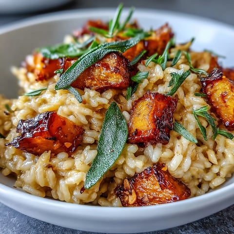 A close-up of creamy Vegan Pumpkin Risotto topped with crispy sage leaves, showcasing golden roasted pumpkin chunks and a rich, velvety texture perfect for fall comfort food.  