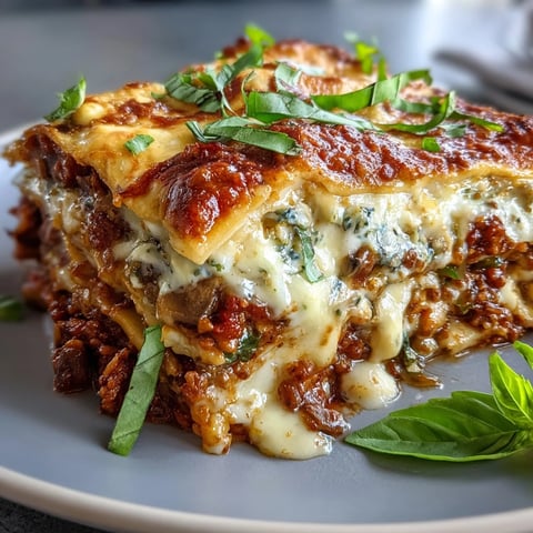 Golden, bubbling One-Pan Smoky Veggie Lentil Lasagne fresh from the oven, garnished with fresh basil.