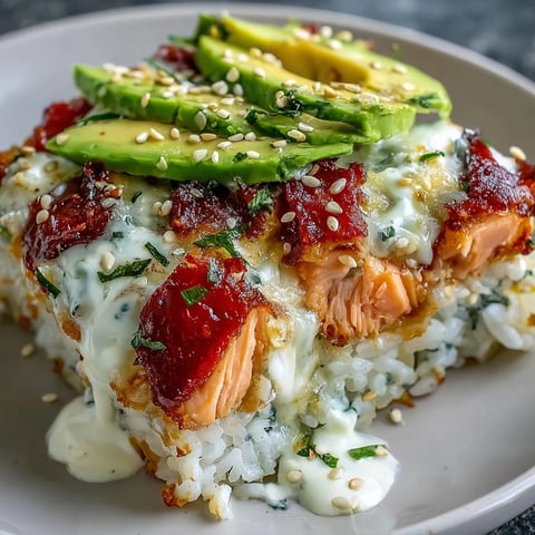 Freshly baked spicy salmon sushi bake with melted mozzarella, avocado slices, and sesame seeds served in a ceramic dish.