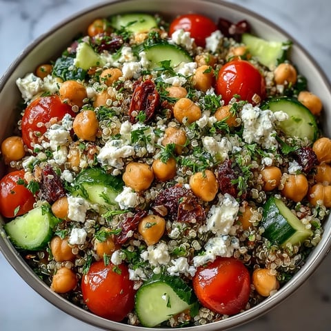 High Protein Quinoa & Chickpea Salad topped with crumbled feta, fresh parsley, and halved cherry tomatoes, served in a rustic ceramic bowl.