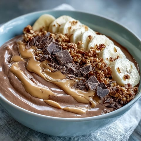 A spoon scoops into a creamy chocolate peanut butter smoothie bowl topped with sliced banana, chopped dark chocolate, and crunchy granola.  