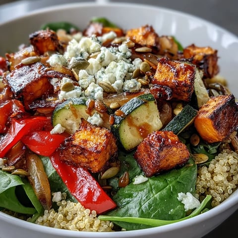A top-down view of a warm salad bowl filled with quinoa, roasted sweet potato, red bell pepper, and wilted spinach, drizzled with vinaigrette and topped with feta.