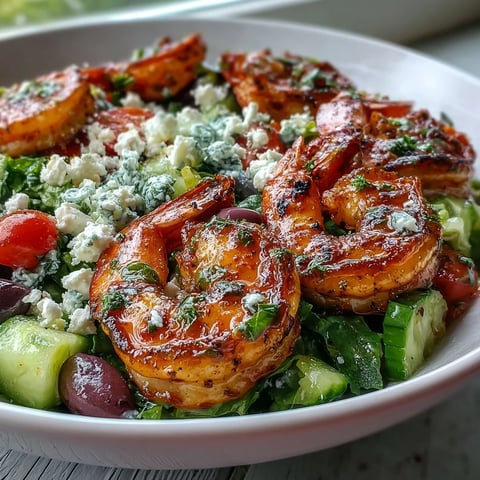 Grilled Greek Shrimp Bowl with feta, cucumbers, tomatoes, olives, and a zesty lemon-olive oil dressing.