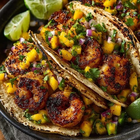 Bright layered Grilled Shrimp Tacos with Mango Salsa: easy weeknight dinner, vibrant and flavorful.