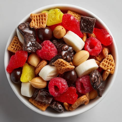 Colorful Swedish Candy Snack Mix with pretzels and chocolate, ready for snacking with friends.