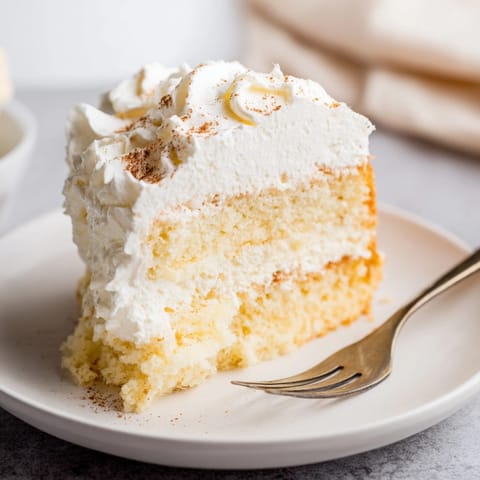 Close-up of creamy Tres Leches Cake, showcasing its milk-soaked sponge and cinnamon dusting.