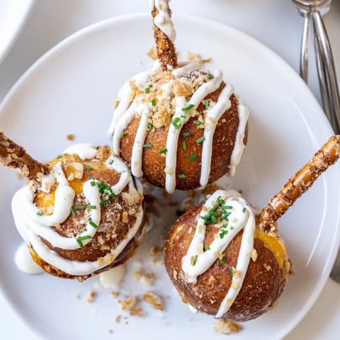 Delicious Cheesy Pretzel Buffalo Ranch Churro Cake Pancake Pops rolled in cinnamon sugar.  