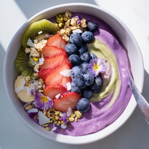 Colorful smoothie bowl featuring purple yam, pistachios, and juicy berries for breakfast.  