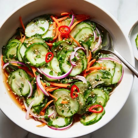 Refreshing cucumber salad remix featuring crunchy veggies and savory Asian-inspired dressing.  