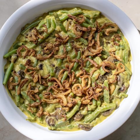 A creamy, comforting pan of Old-School Green Bean Casserole, a classic holiday side dish.