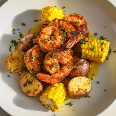 Freshly roasted Cajun Shrimp & Sweet Corn, served with vibrant bell peppers and tender baby potatoes.