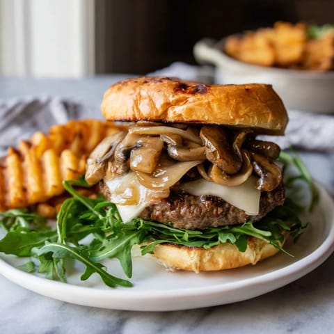 A close-up view of a flavorful Mushroom Swiss Burger with sauteed mushrooms, and fries, a delicious meal.