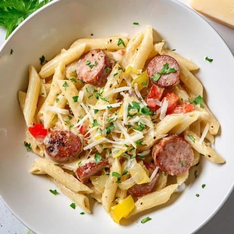 Imagine a close-up of the flavorful, bubbling Cajun Spiced Smoked Sausage Alfredo, a satisfying family meal.