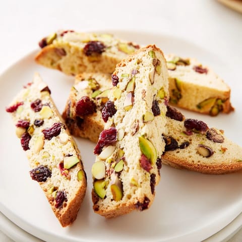 Crispy, twice-baked White Chocolate Cranberry Pistachio Biscotti drizzled with melted white chocolate for gifting.