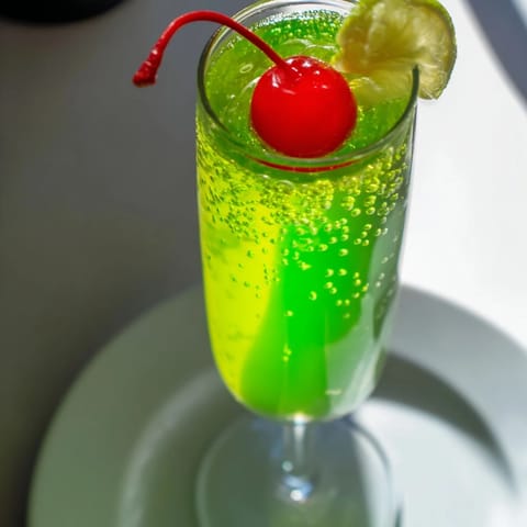 Refreshing non-alcoholic Quick Grinch Mimosa Mocktail, perfect for parties, with a vibrant green hue.