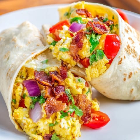 Warm flour tortilla wraps filled with fluffy eggs, bacon, and veggies make easy festive breakfast burritos.