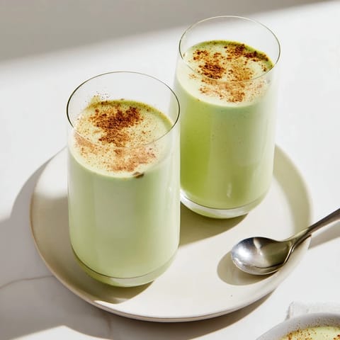 Frozen banana blended into a vibrant Matcha Eggnog Collagen Breakfast Smoothie, a perfect morning treat.