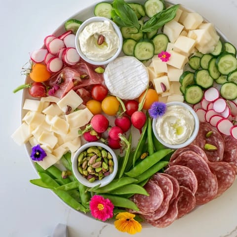 A close-up of a Dragonfly Dance appetizer tray, overflowing with fresh, delicious ingredients.