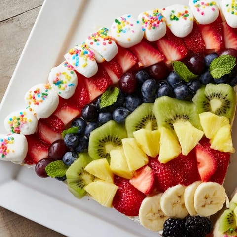 A visually stunning Happy Birthday Cake Slice Fruit Board features fresh fruit and sprinkles for a party.
