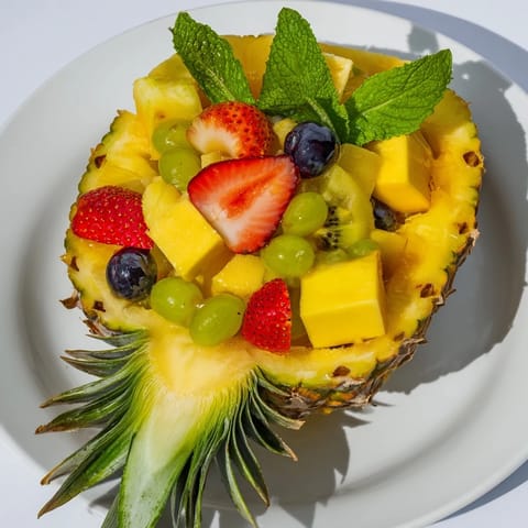 A close-up of a refreshing Tropical Pineapple Fruit Boat overflowing with juicy fruit and mint garnish.