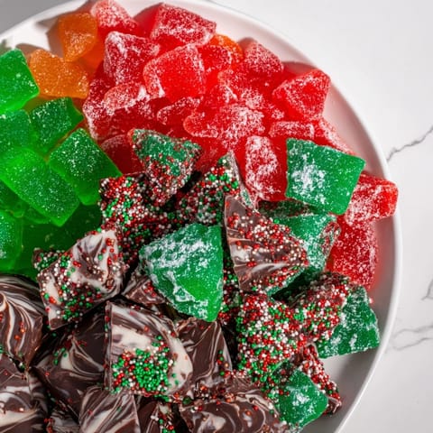 A holiday Jingle Bell Rock Candy Display with colorful shards and festive holiday chocolates, perfect.