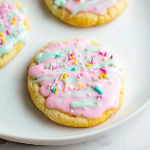 Fresh-baked sugar cookies with a delicate vanilla icing drizzle perfect for sharing and enjoying.
