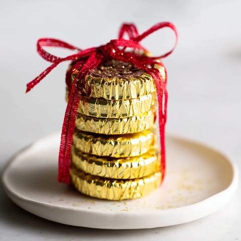 Stacked chocolate gold coins, tied with ribbons, make a sweet holiday centerpiece.