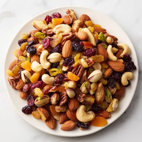 Vibrant image of mixed assorted nuts and dried fruit, ready for easy party snacking enjoyment.