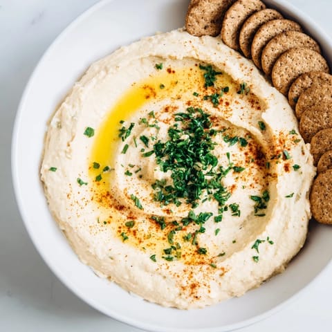 Two elegant bowls of easy dips, with crackers separating the hummus and yogurt dip.
