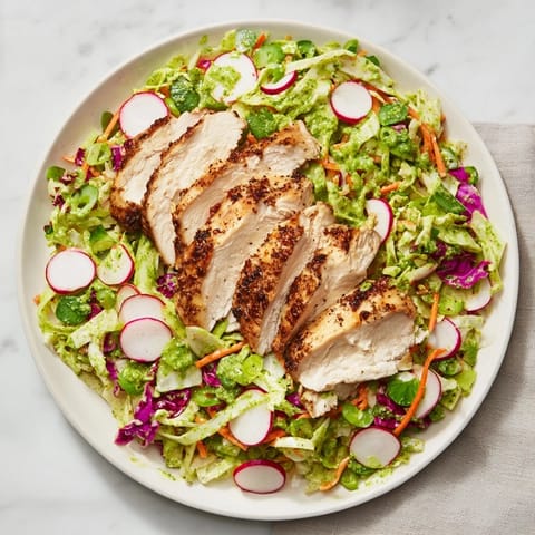 This Green Goddess Cabbage Slaw shows off a creamy green dressing complementing grilled chicken slices.