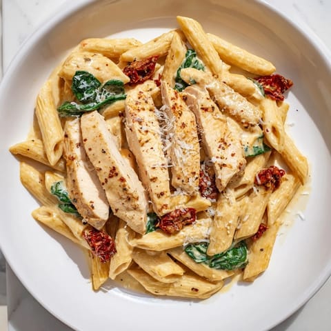 Golden chicken slices rest on a bed of Creamy Tuscan Chicken Pasta with spinach and sun-dried tomatoes.