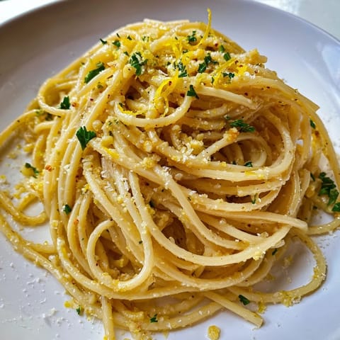 Close-up of golden Garlic Butter Noodles in a skillet, ready to be served and enjoyed warmly.