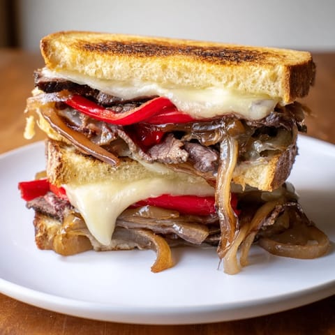A close-up of a Philly Cheesesteak Grilled Cheese cut in half, revealing the savory, gooey filling and crispy buttery bread.