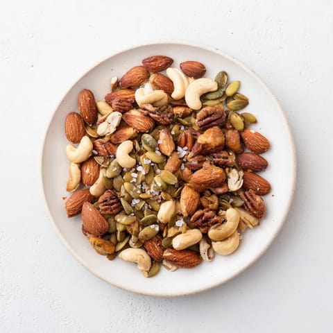A close-up of the glazed Spiced Nuts and Seeds Mix, showing warm turmeric and paprika spices coating the toasted walnut halves.