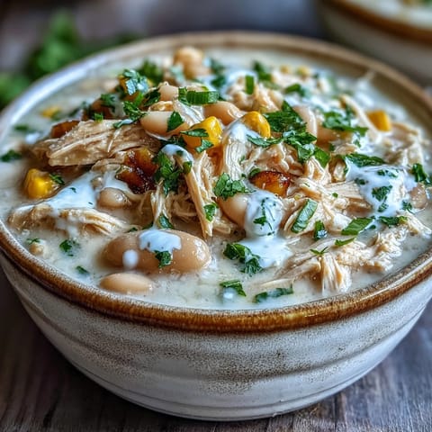 Spoon lifting creamy White Chicken Chili with beans and corn from a rustic pot, steam rising.