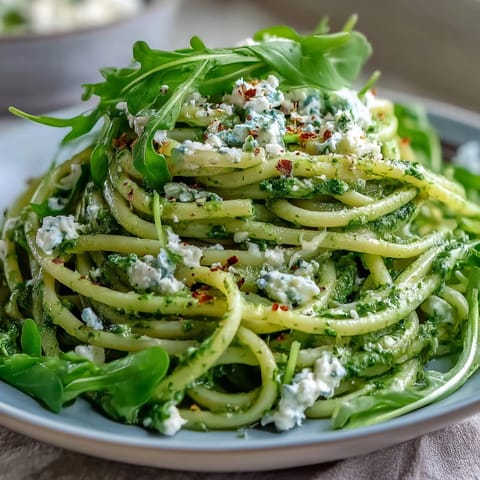 Twirling strands of Linguine with Arugula Pesto glisten with emerald green sauce, garnished with extra peppery leaves and shaved Parmesan.