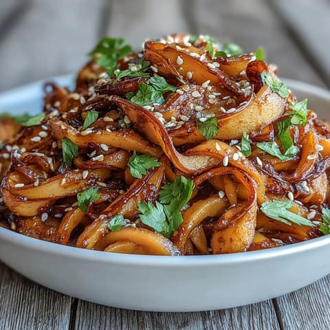 A vibrant bowl of Gochujang Swede Noodles topped with sesame seeds, spring onions, and crisp bean sprouts.
