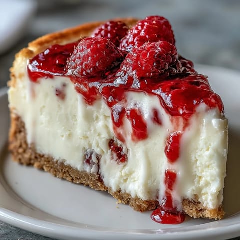 Homemade white chocolate raspberry cheesecake, fresh from the oven and cooled, showcasing a smooth, dense texture and glossy raspberry sauce topping for a special occasion dessert.