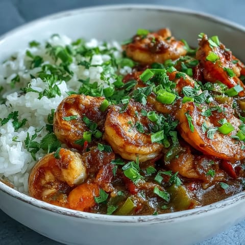 Classic New Orleans Étouffée showcases tender shrimp and aromatic trinity vegetables simmered in a creamy, dark roux sauce, served over a bed of steaming white rice.  