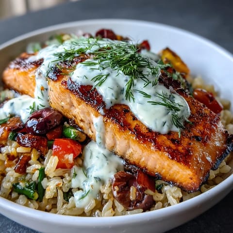 Golden crispy rice forms the base of this Mediterranean fusion bowl, topped with flaky salmon and fresh chopped herbs.