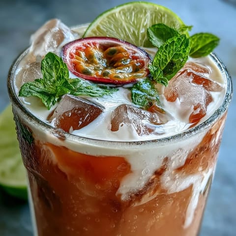 Two tall glasses filled with creamy DIY Iced Guava Passionfruit Drink over ice, garnished with fresh lime wedges.