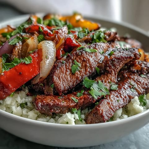 Tender steak and colorful bell peppers sizzle together for a flavorful base in this wholesome Steak Fajita Bowl.