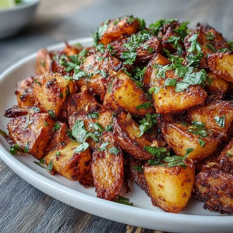 Skillet of Spicy Mexican-Style Street Potatoes topped with lime and cilantro, ready to serve hot.