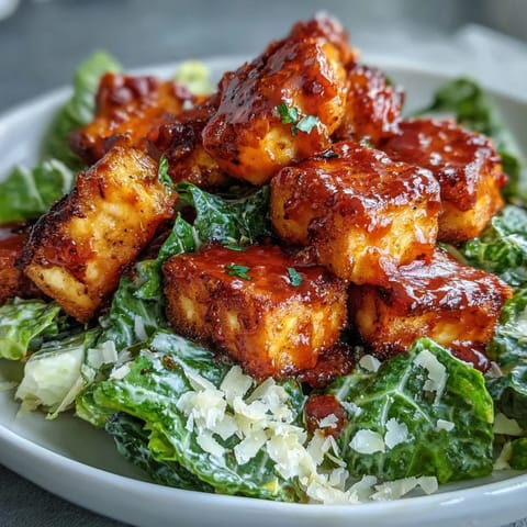 Crispy Buffalo Tofu with Creamy Caesar Salad garnished with Parmesan and fresh romaine.