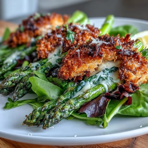 Golden, crispy Parmesan asparagus spears rest atop a vibrant salad of mixed greens, shredded chicken, cherry tomatoes, and fresh basil.